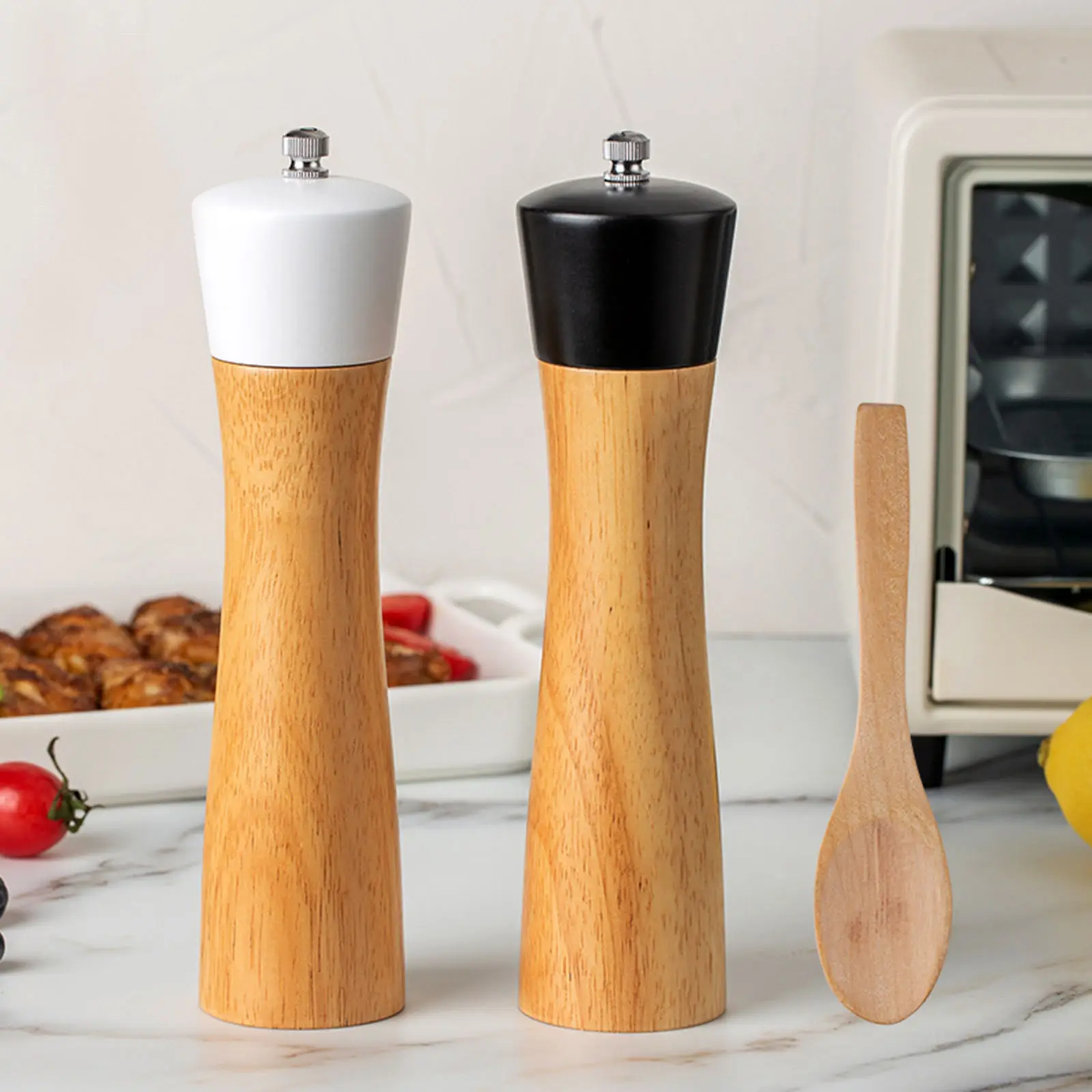 Salt and Pepper Grinder Set Refillable Salt and Pepper Shaker Mill Kit Chili Spice Grinder 8.5 Inch Tall with a Wood Spoon