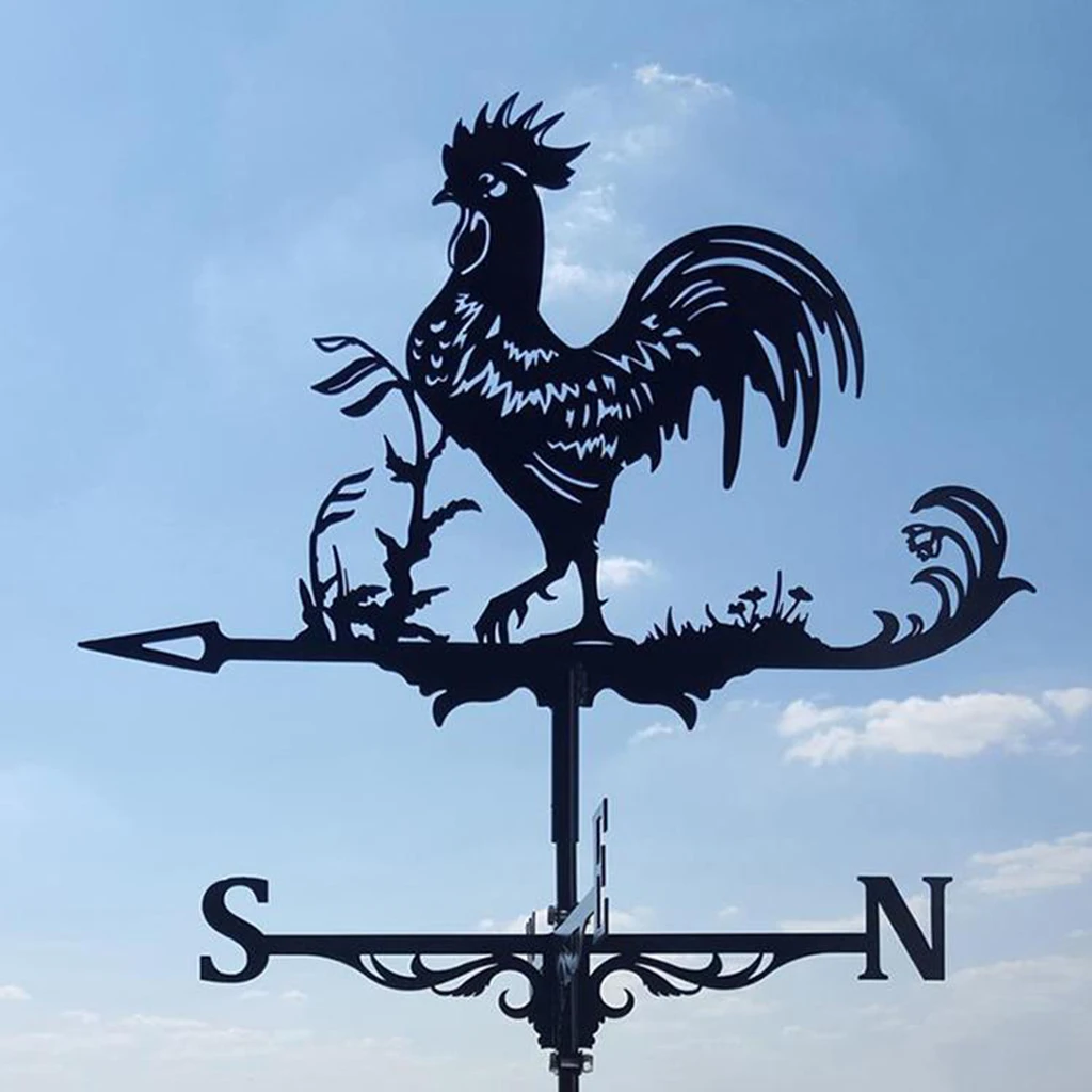 Decorative Wind Vane Weather Vane Garden Mount Yard Stake, Stainless Steel Rooster Weather Vane Farm Durable Scene - Black