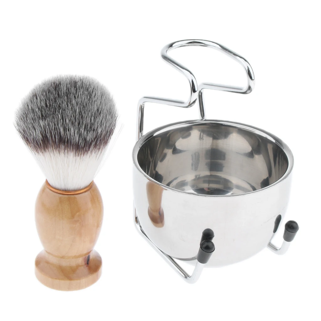 3pcs Barber Men Wood Shaving Brush + Stainless Steel Bowl Mug Cup Stand Set
