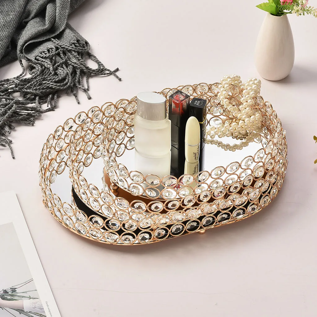 European Mirror Glass Metal Storage Tray Gold Oval Fruit Plate Desktop Small Items Jewelry Display Tray Plate