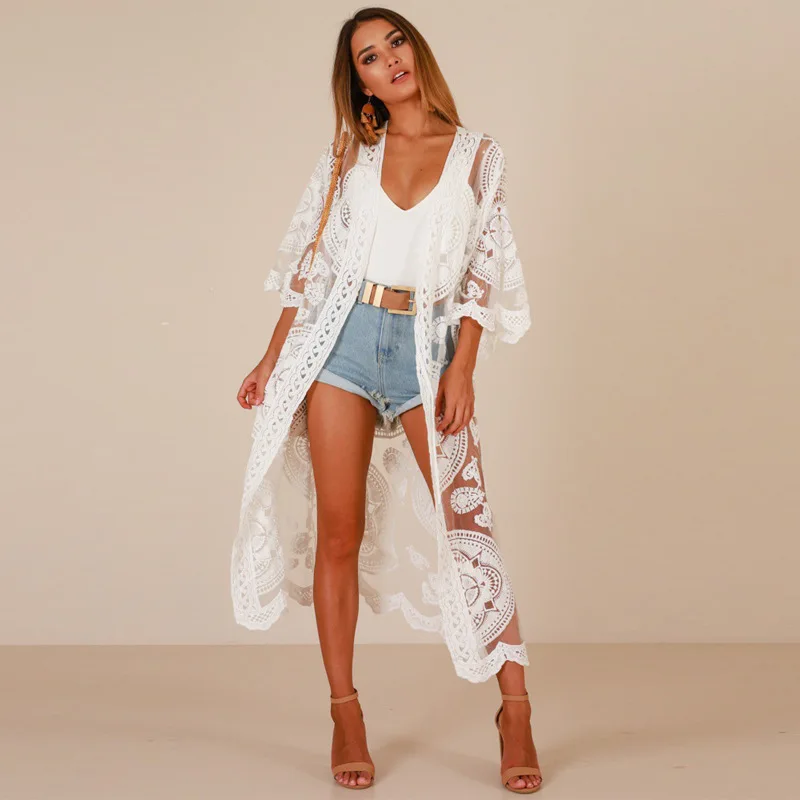 Women's Summer Chiffon Beach Cover Ups Cardigan Loose Long Sleeve Lace Embroidery Print Maxi Dresses Female Transparent Swimsuit womens bathing suit cover up