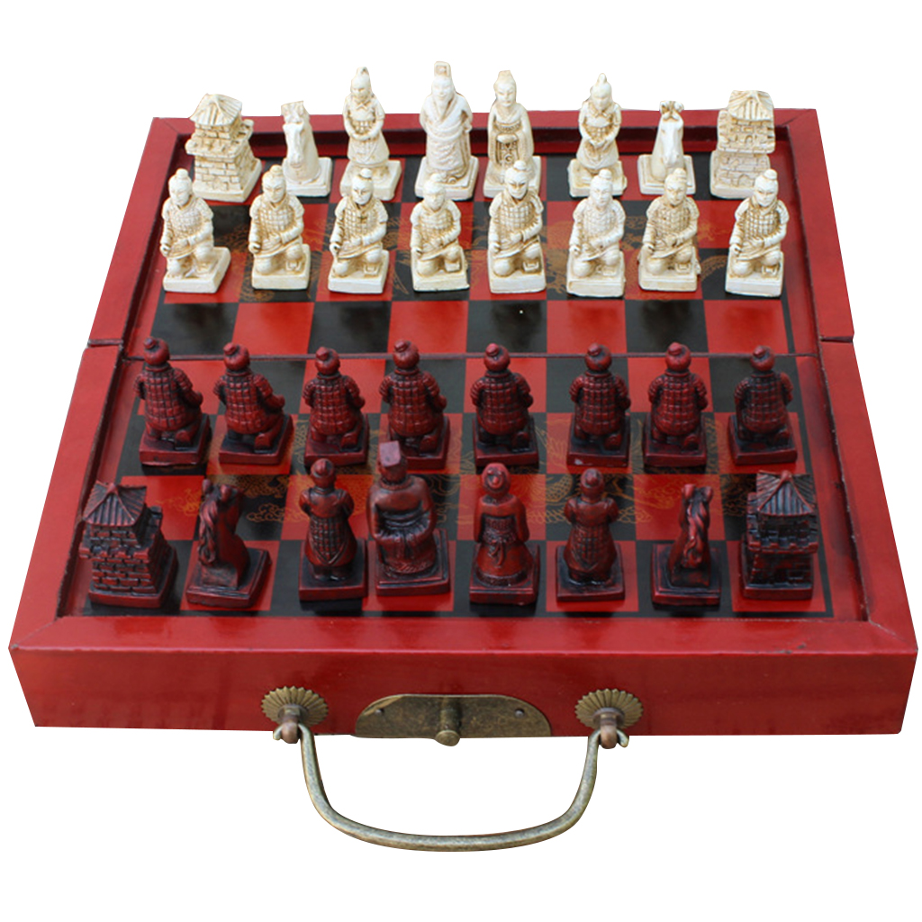 Chinese Chess Set Folding Wooden Resin Antique Red Chess Board Board Game Shape