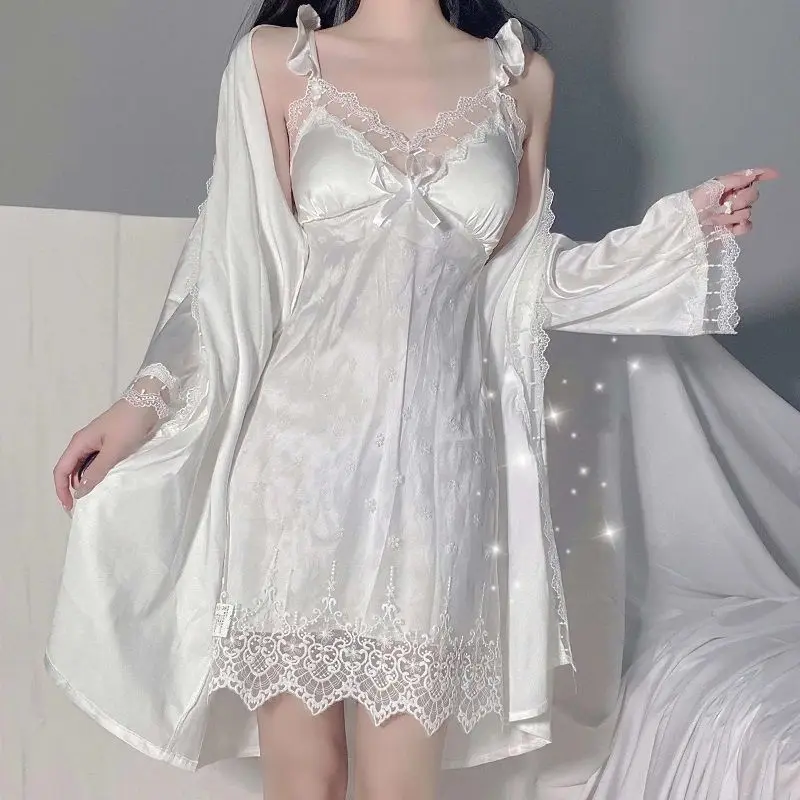 Tanie QWEEK Satin Sexy Fairy sukienki szata zestaw kobieta 2 sztuk jedwabna bielizna sklep