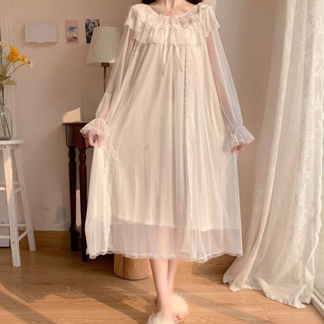 Vintage White Lace Peignoir Shirt Women Cotton Nighty Long Night Dress  Sleep Wear Plus Size Victorian Nightgown Ladies Nightwear