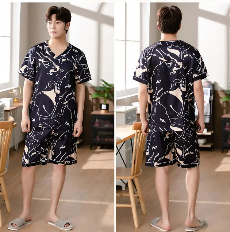 Pullover Silk Men Summer Trousers for Men Pajamas with Shorts New Leisure Tops Men's Home Shorts Big Size 3XL Satin Sleepwear silk pajama set