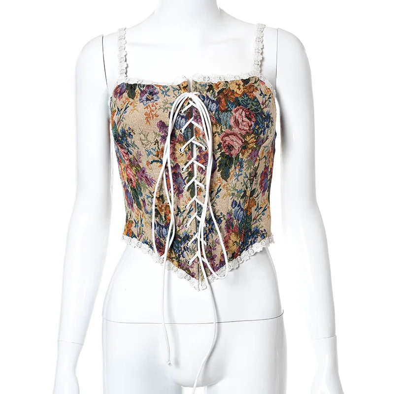 feminino vintage floral print vest sexy bodycon barco pescoço jacquard camisola flounce irregular suspensor espartilho