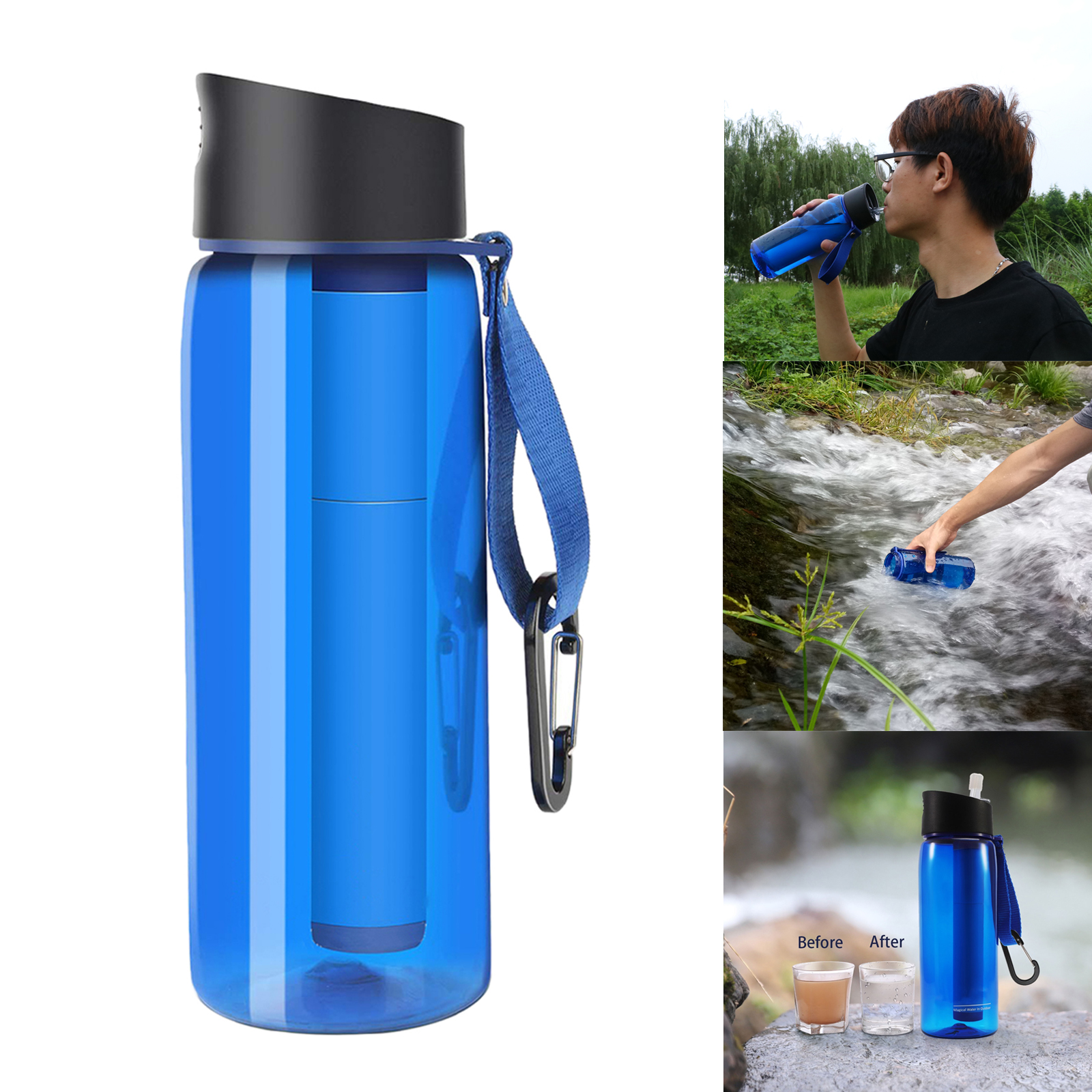 650ml Outdoor Water Filter Bottle Survival Camping Water Filtration Bottle Straw Purifier for Camping Hiking Traveling 22oz