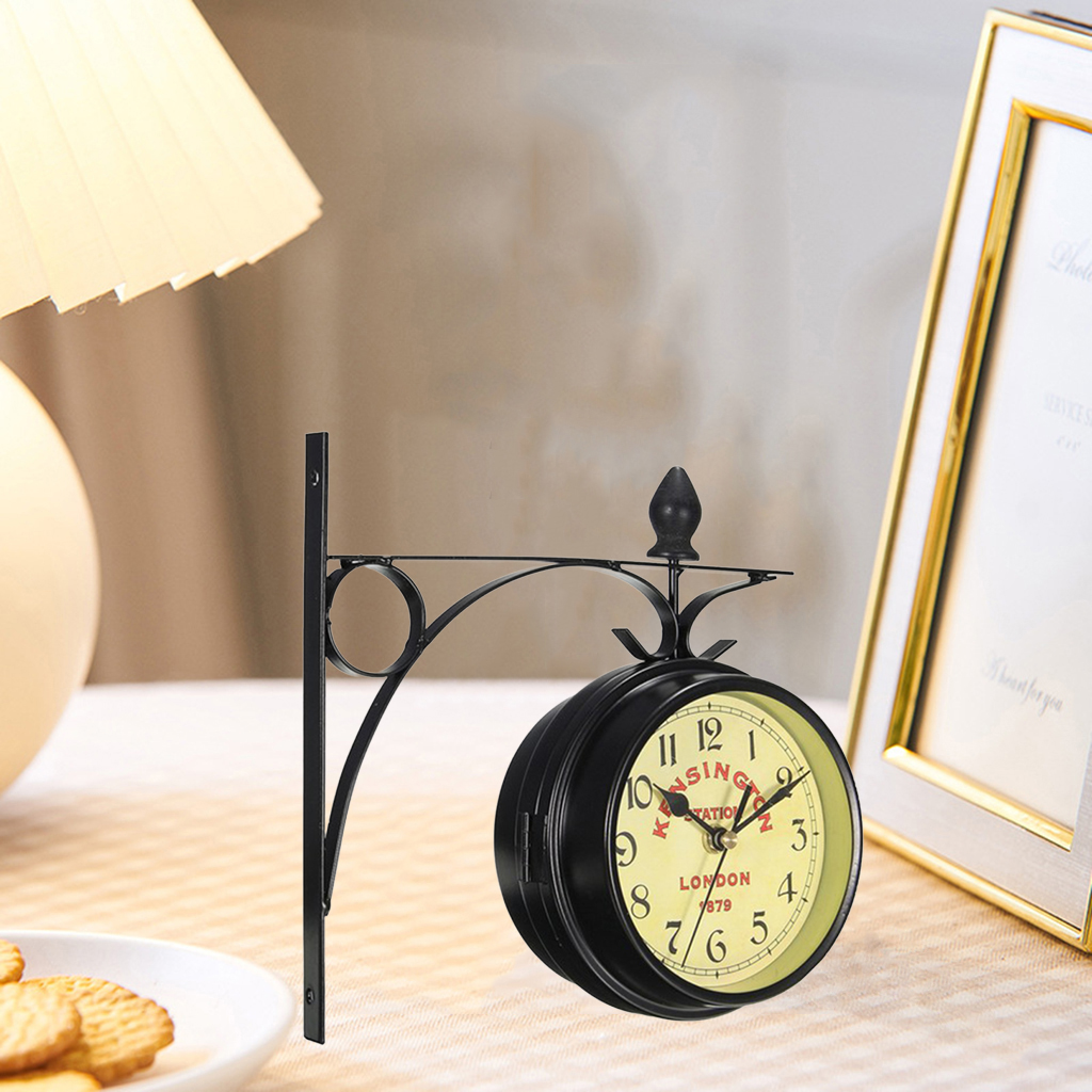 Retro Wrought Iron Double-Side Faces Metal Wall Clock Garden Coffee Bar Home