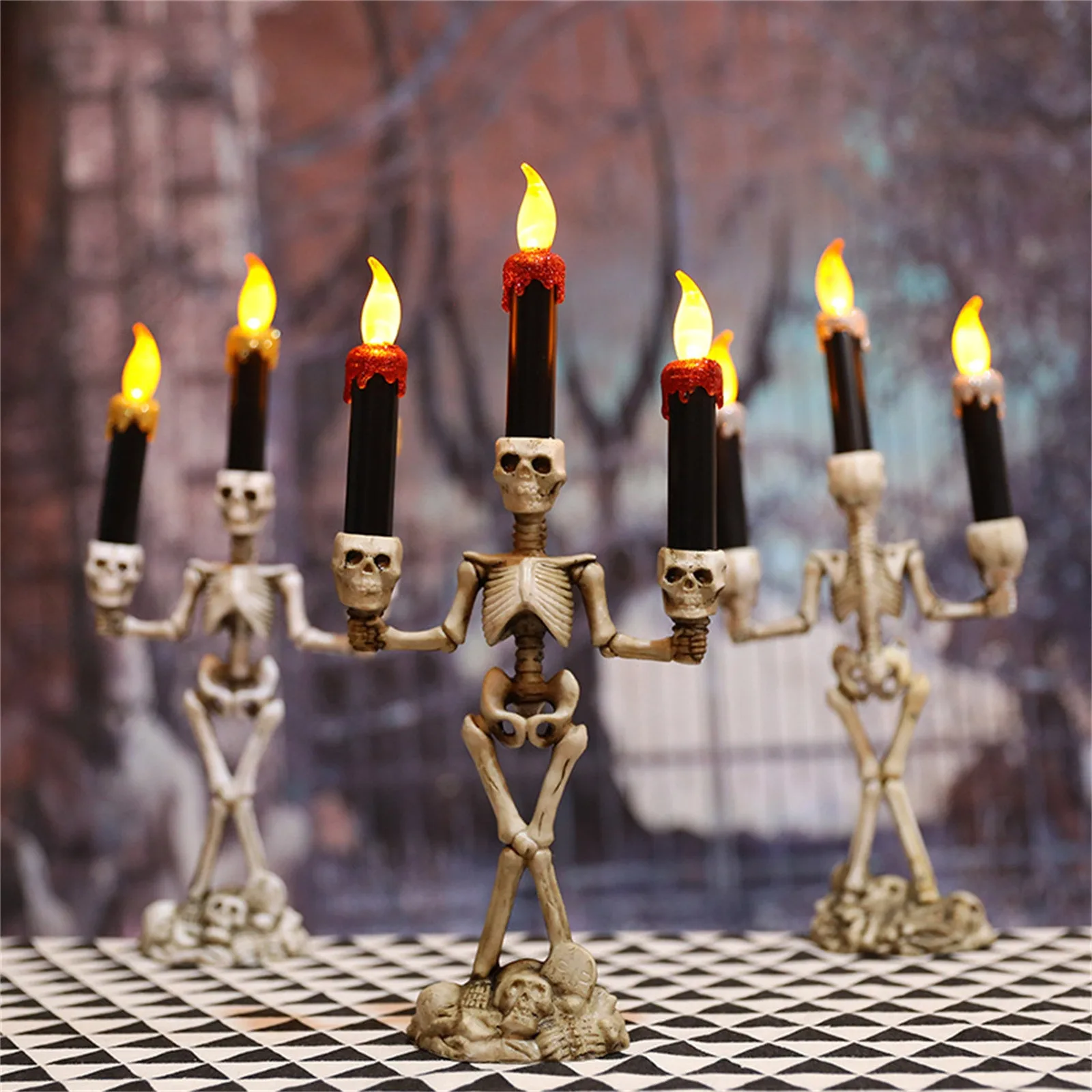 Triple LED Halloween Candles Light,URMAGIC Haunted Candelabra Prop,Skeleton Candlestick with 3 Flameless Candles,Battery Powered Halloween Skull Candle Holder Light,Halloween Decoration 