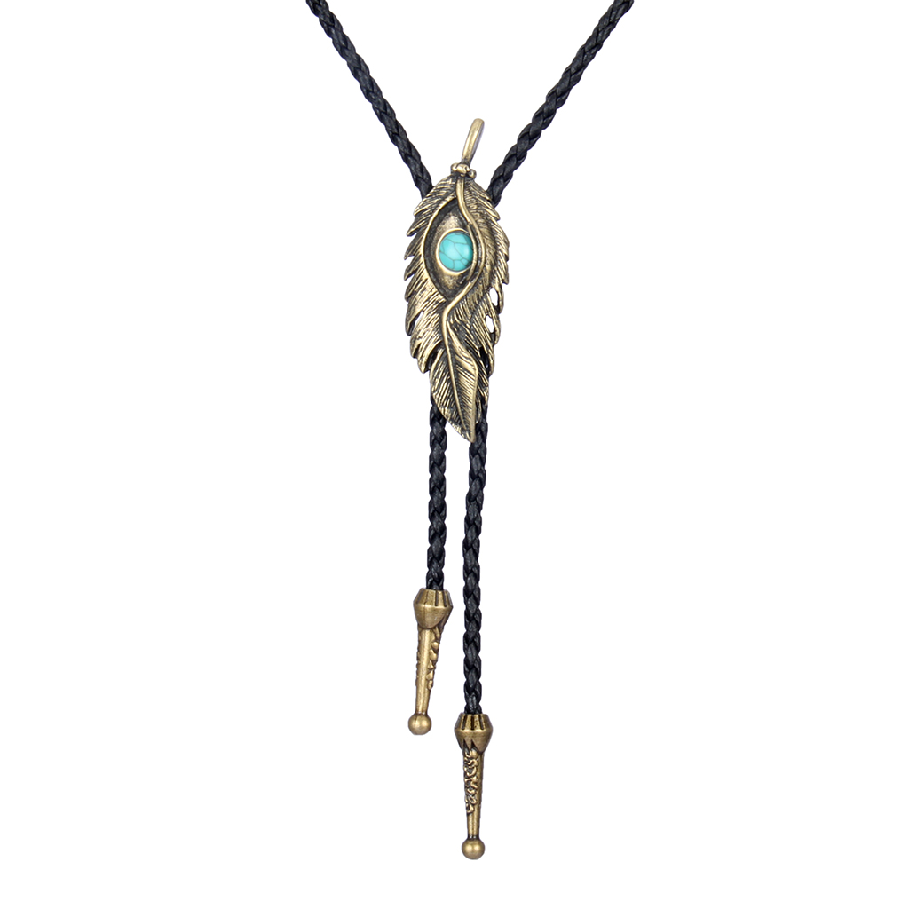 Feather Shape Pendant Bolo Tie Leather Necktie Western Cowboy Cowgirl Rodeo Necklace Gift