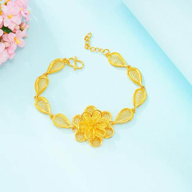 24K Gold Plated Charm Bracelet for Women Girls Hollow Leaf Rose Flower  Chain Bracelet Engagement Wedding Bride Gold Jewelry Gift