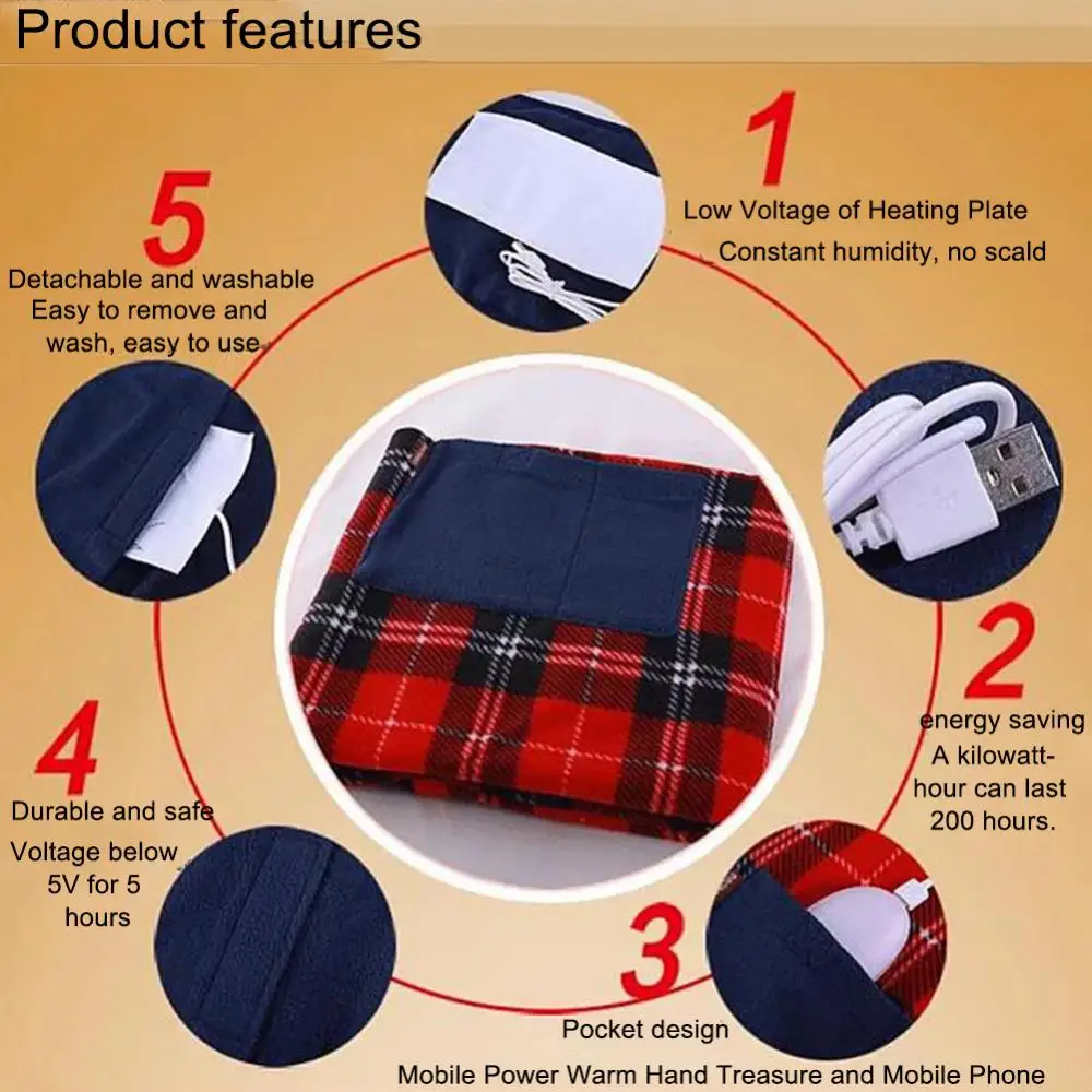 Car Home USB Rechargeable Electric Heating Blanket with Pocket Warm 880x650mm