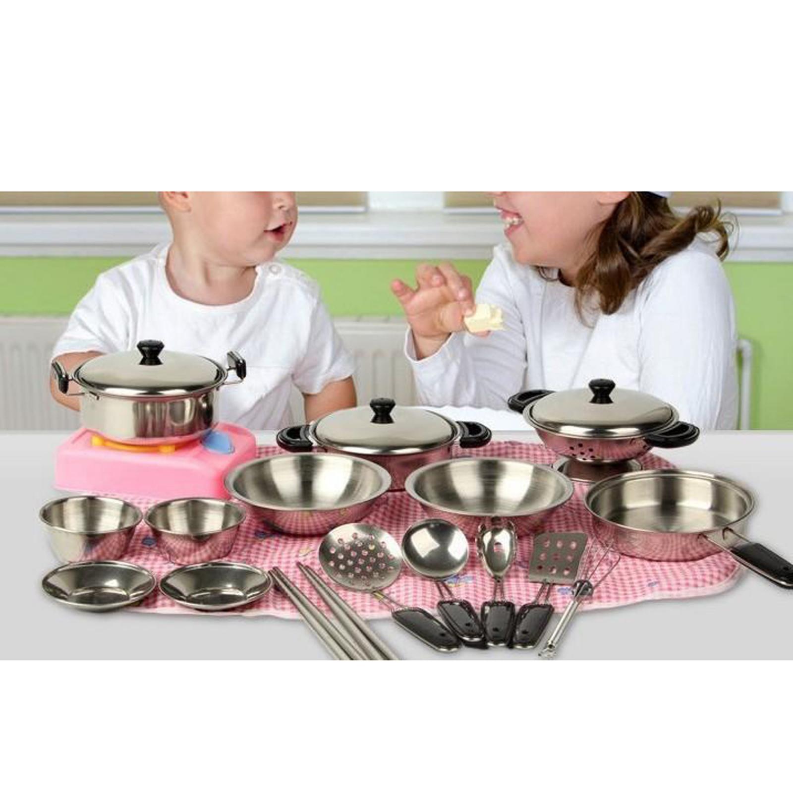 20Pcs/Set Kitchen Pretend Play Toys with Stainless Steel Cookware Pots and Pans Set, Cooking Utensils for Kids, Girls, Boys