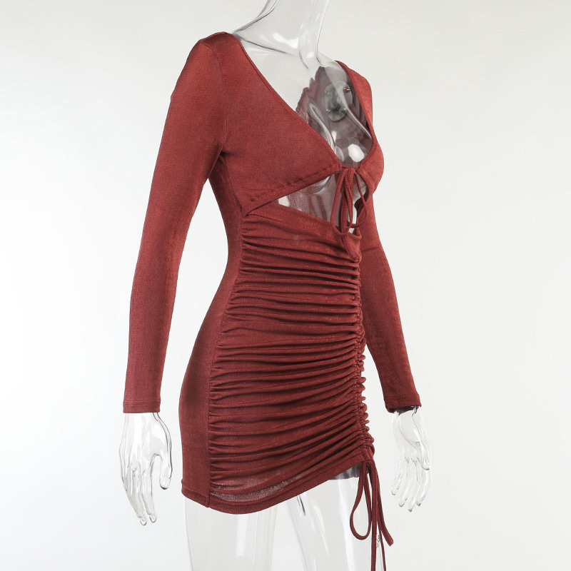 Waliicorners V Neck Hollow Out Bodycon Mini Dress SClub Elegant Dresses Long Sleeve Drawstring Dress 15 H43d554e464a74142b5f0a1c6be0e9b95c