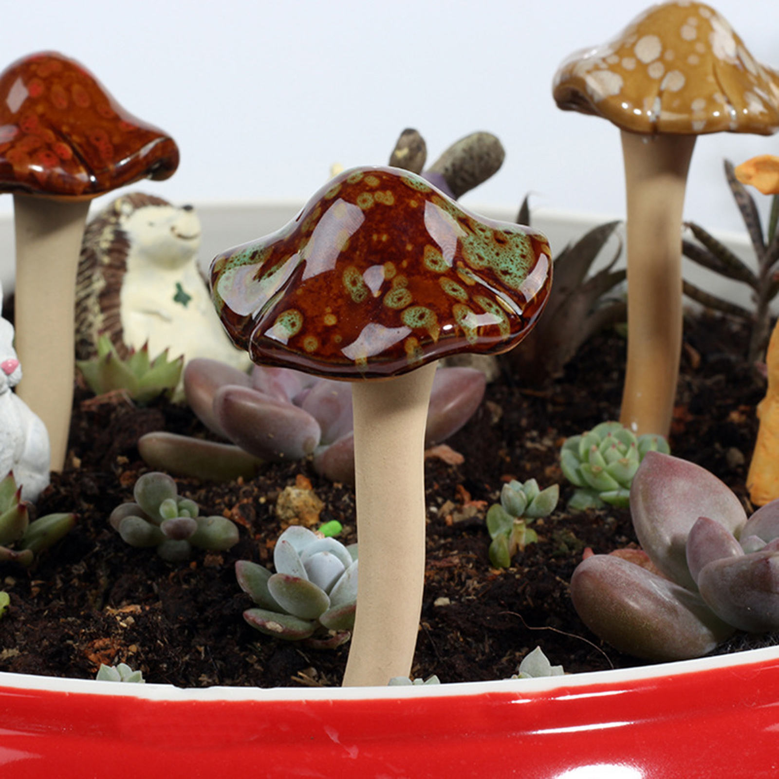 4PCS Colorful Ceramic Mushrooms Garden Decor Mushroom Toadstool Statue Plug Pottery Ornament for Fairy Garden Flowerpot Lawn
