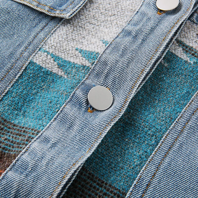 Women Patchwork Denim Jacket Printed Long Sleeve Lapel Button Down Cardigan Autumn Spring Casual Coat 90s Vintage Streetwear