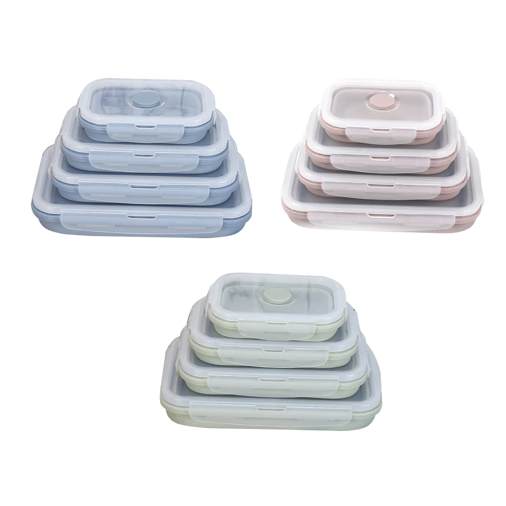 4pcs Silicone Collapsible Lunch Box Food Storage Container Bento Box Microwavable Portable for Picnic Camping Outdoor