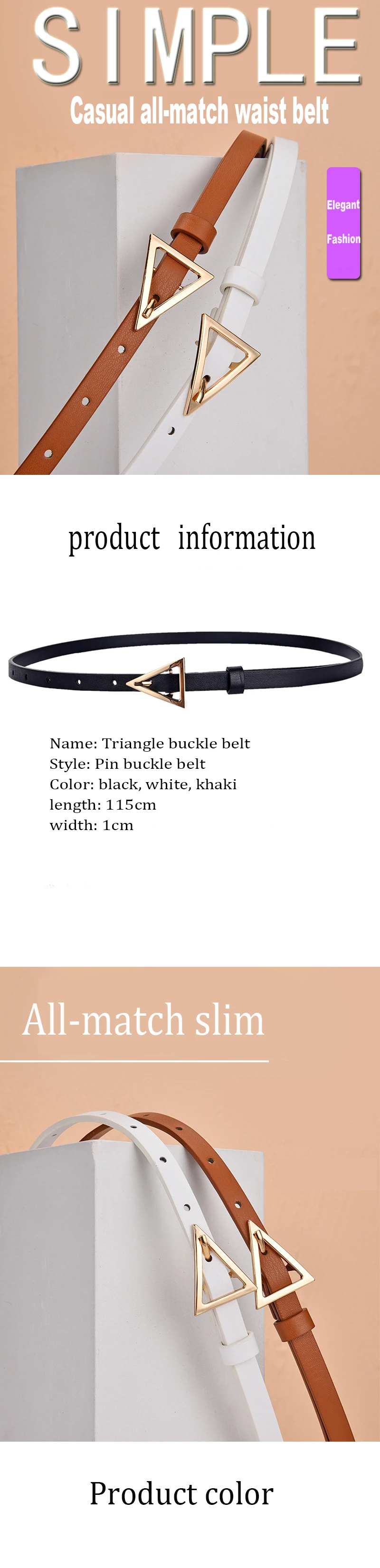 JIFANPAUL new style triangle buckle thin belt women's decorative dress Korean fashion style matching jeans belt simple tren pink belt