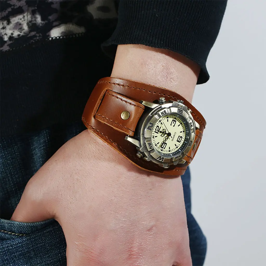 Watch Bracelet Cuff Hybrid Design Genuine Leather Wristwatch for Men Punk Vintage Bracelet Cuff Hybrid Design