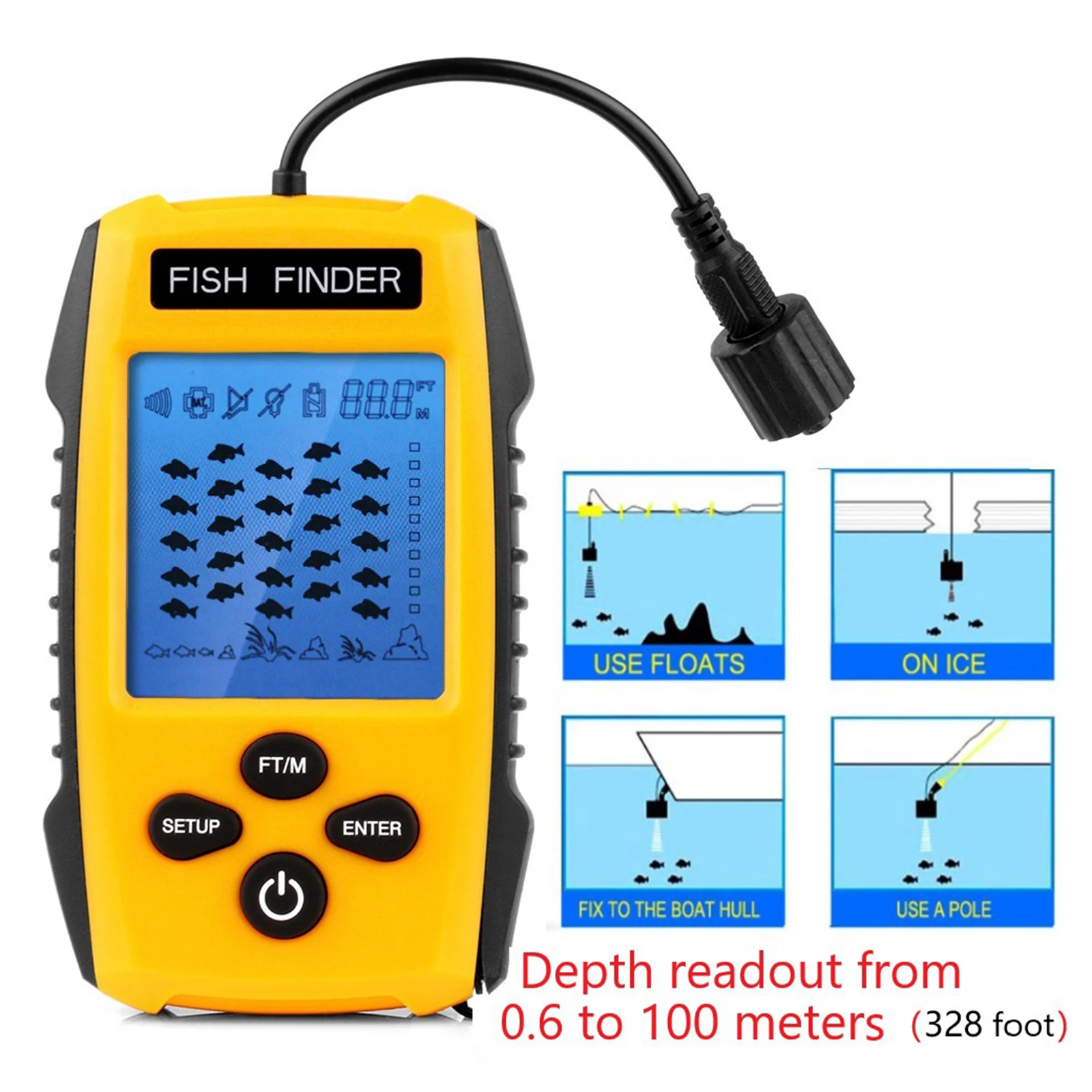 Handheld Fish Finder Ice Fishing Depth Finder with LCD Display 328ft Yellow