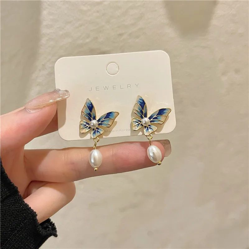 Enamel Blue Butterfly Pearl Clip on Earrings Female Exquisite Small Super Fairy Girl Butterfly Earrings Ear Clip No Piercing