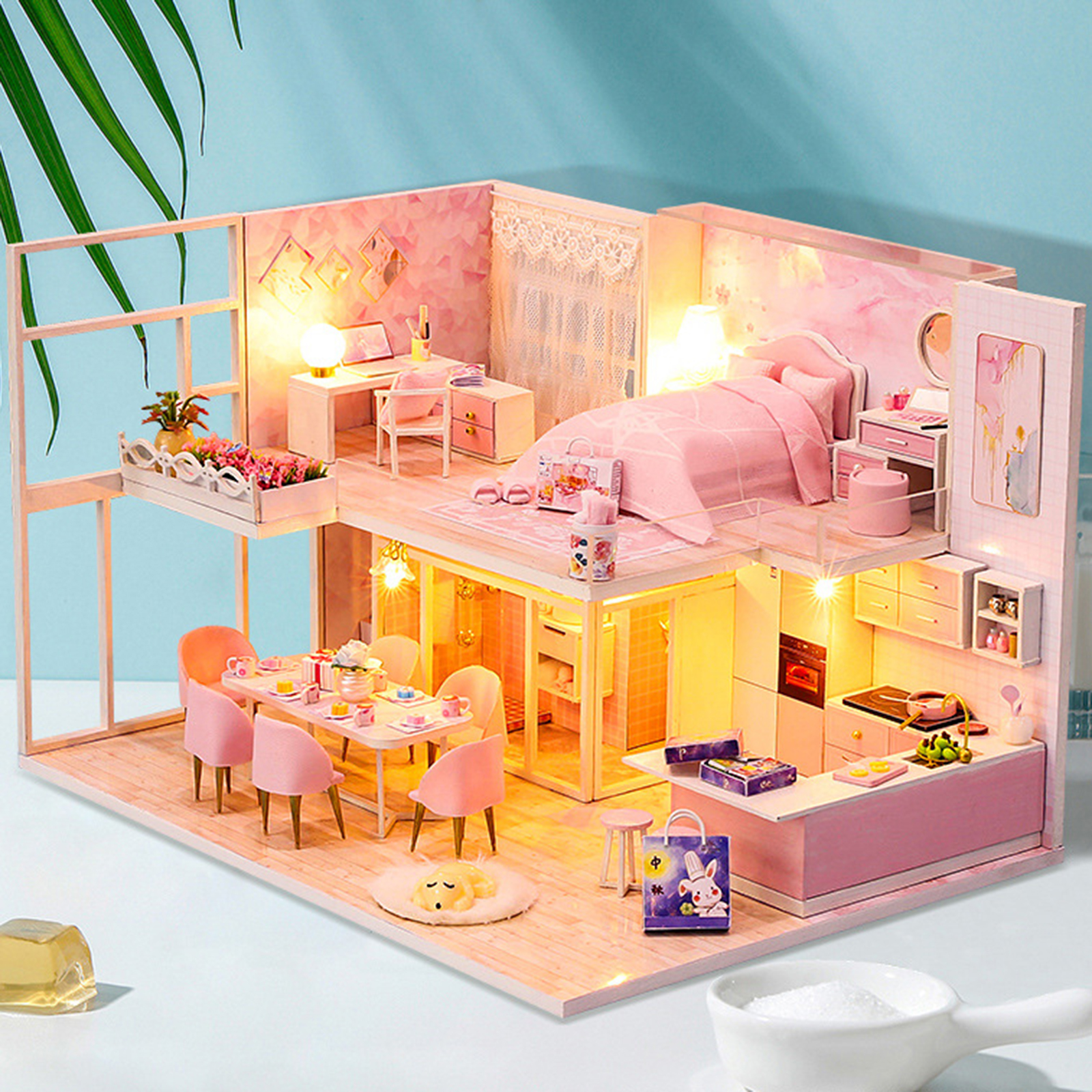 DIY Dollhouse With Furniture Mini Wooden Pink House Bedroom Dustproof Cover