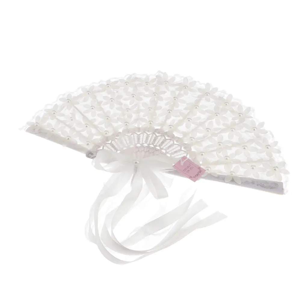 Cotton Lace Folding Handheld Fans, Cute Flower Bridals Hand Fan with Ribbon And