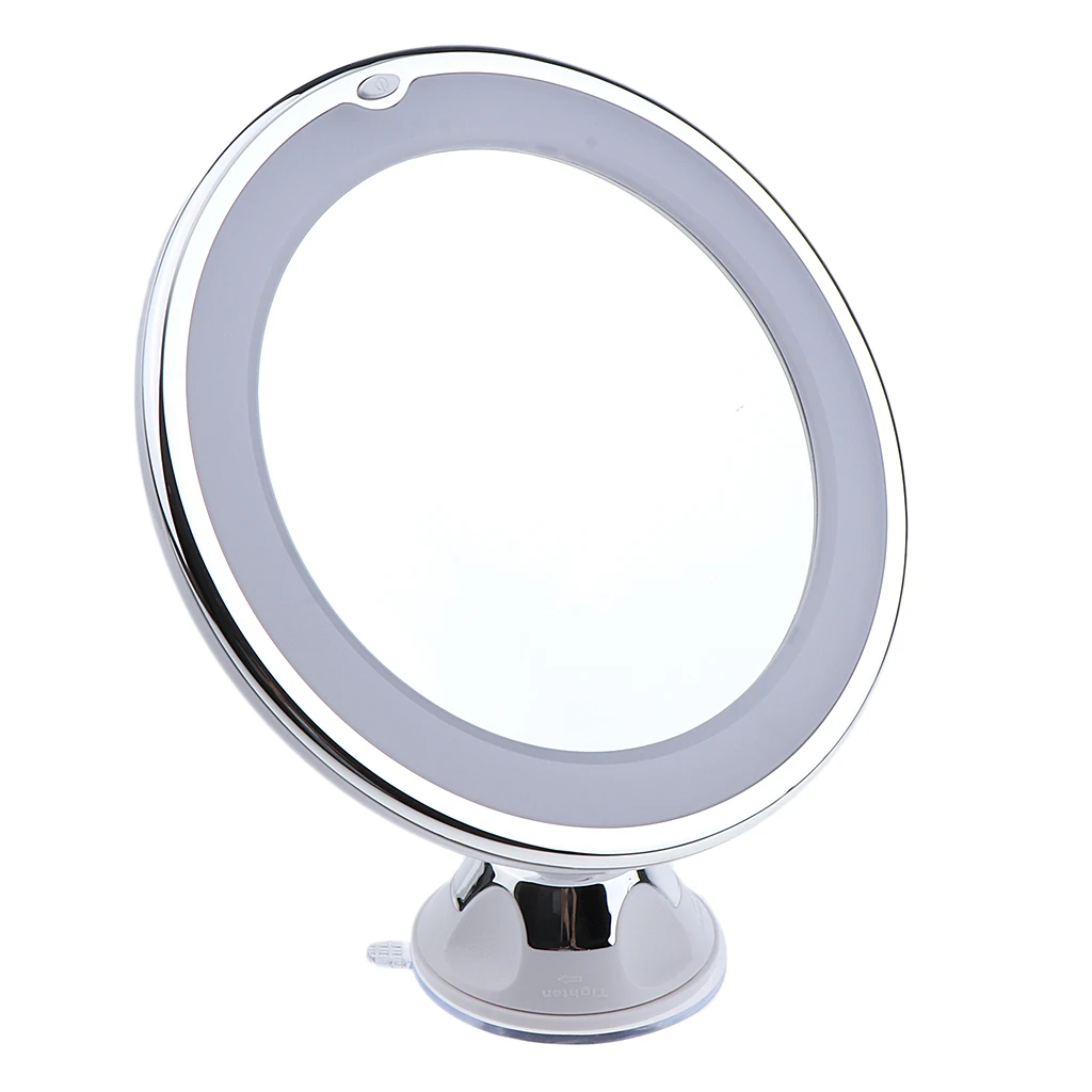 Round LED Lighted 10X Magnifying Makeup Mirror, Power Locking Suction Cup, 360