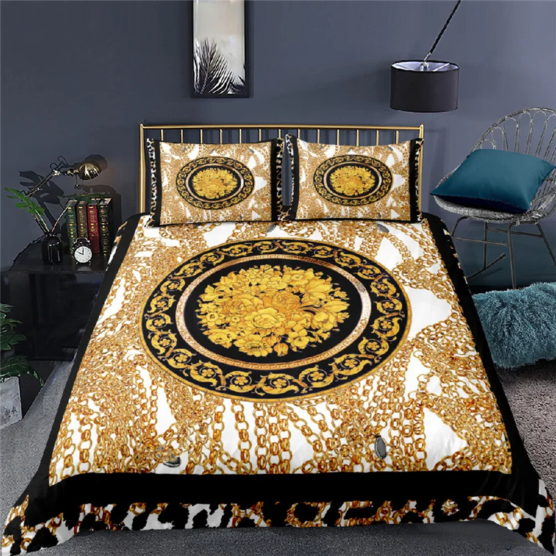 luxo dourado estilo barroco impressão pçs crianças conjunto de cama confortável capa edredão fronha casa têxtil rainha rei tamanho