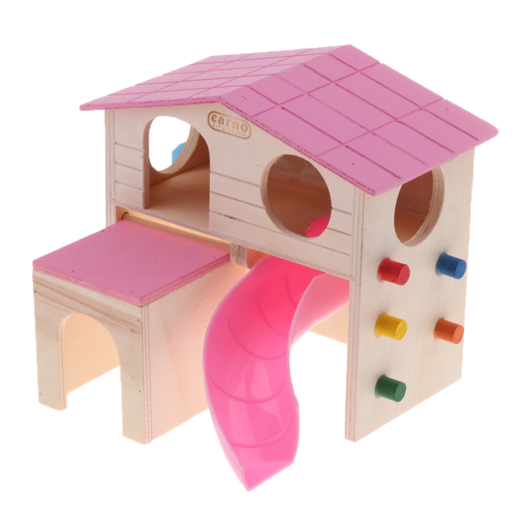 Colorful Pet Small Animal Hideout Hamster House 2 Layers With Stairs Design, Wooden Hut Play Toys Chews - Random Color