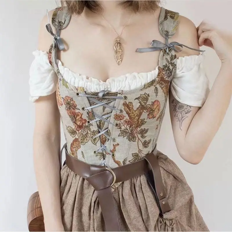 French Vintage Floral Bustiers Crop Women Backless Sexy Boho Beach Party Vest Tops Female Korean Fashion Lace-up Corset Top 2022
