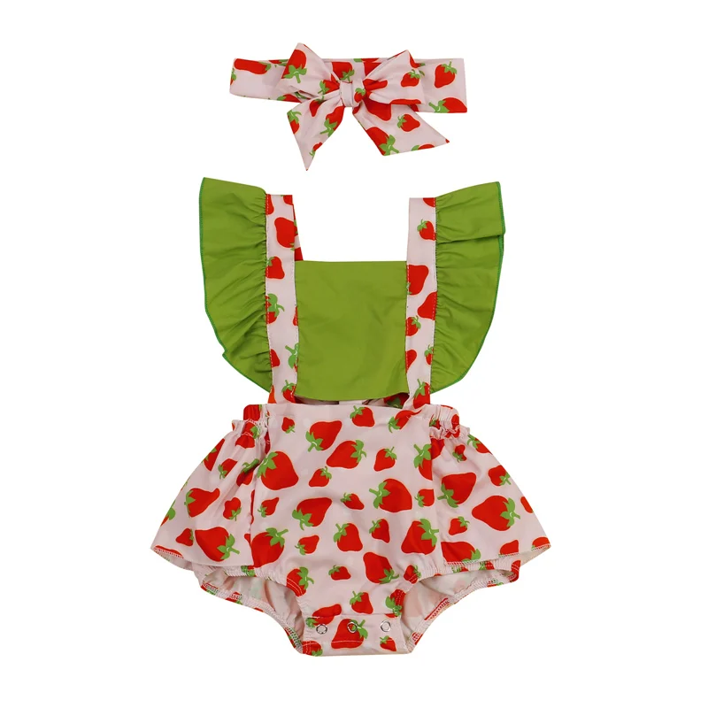 2 Pcs Newborn Summer Outfits Baby Girls Avocado/Strawberry/Corn Print Fly Sleeve Square Collar Romper + Bowknot Headband Baby Clothing Set for girl