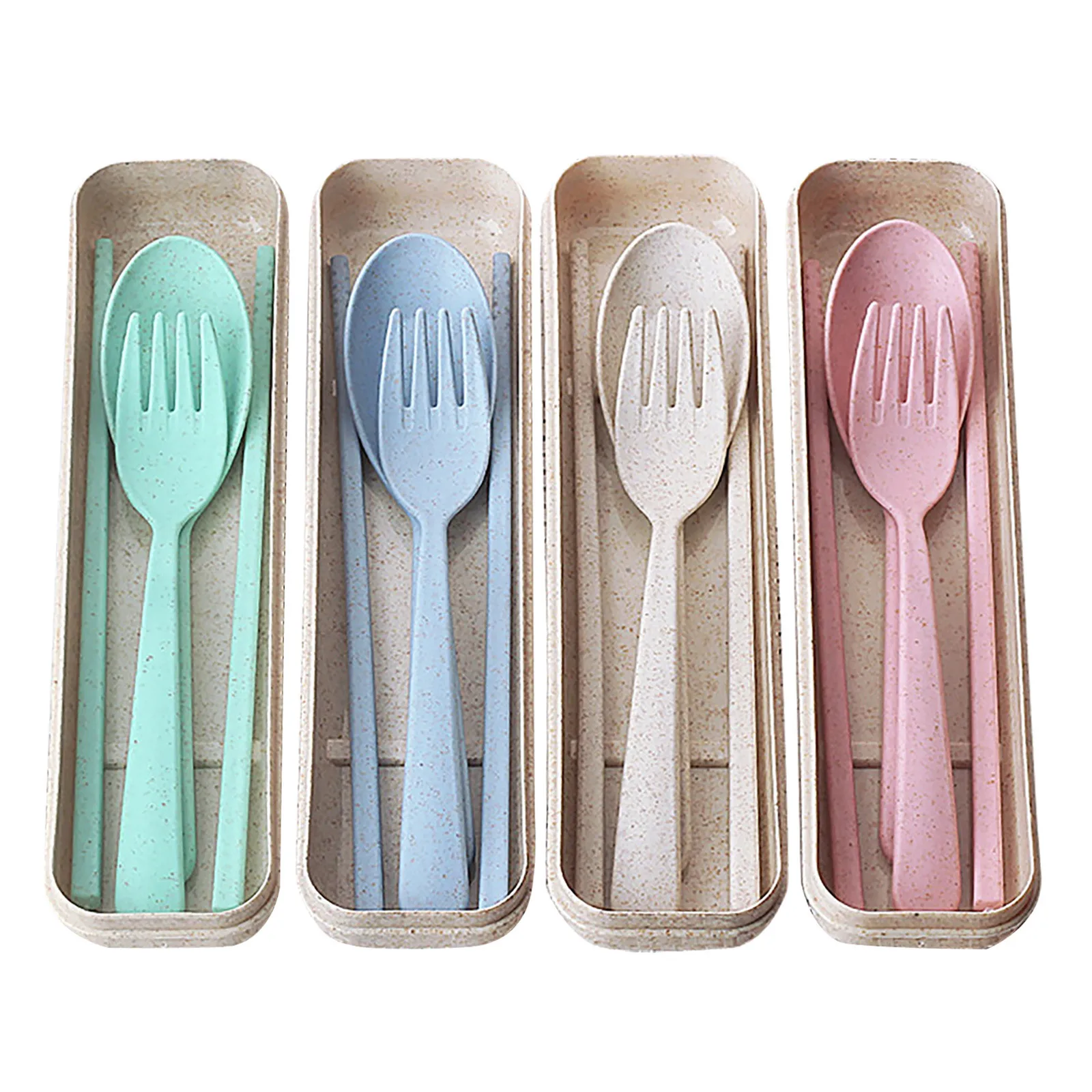 Travel Reusable Spoon Fork Travel Chopsticks Wheat Straw Tableware Cutlery Set 