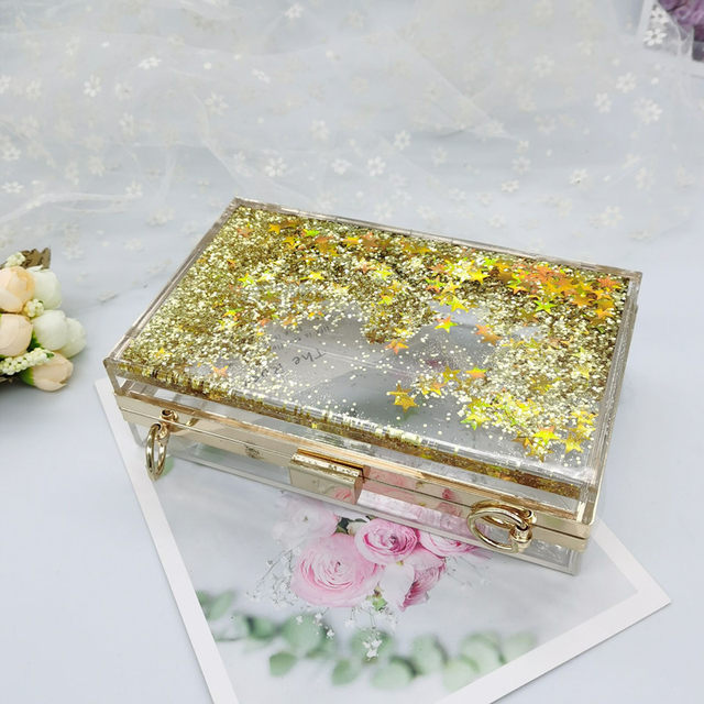 TEKMAGIC Womens Acrylic Evening Bag Glitter Clutch Purse Transparent Golden Box Handbag Shoulder Bag for Banquets Dinners Parties, Women's, Size: 19.5