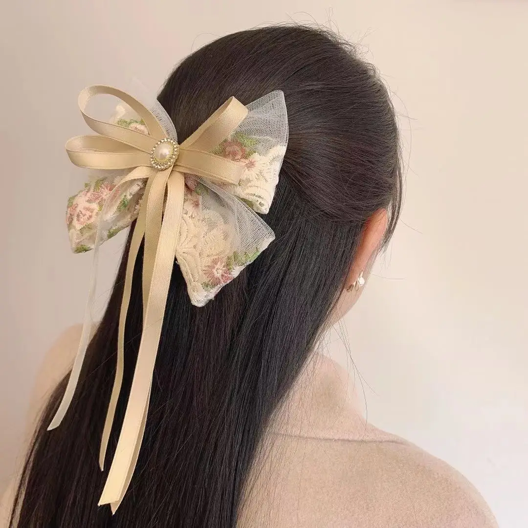 Korean Ribbon Bow Spring Barrette Hair Clips Embroidery Flower Hairpins Fabric Hair Bows Hoop Daily Casual Hair Accessories Gift crocodile hair clips