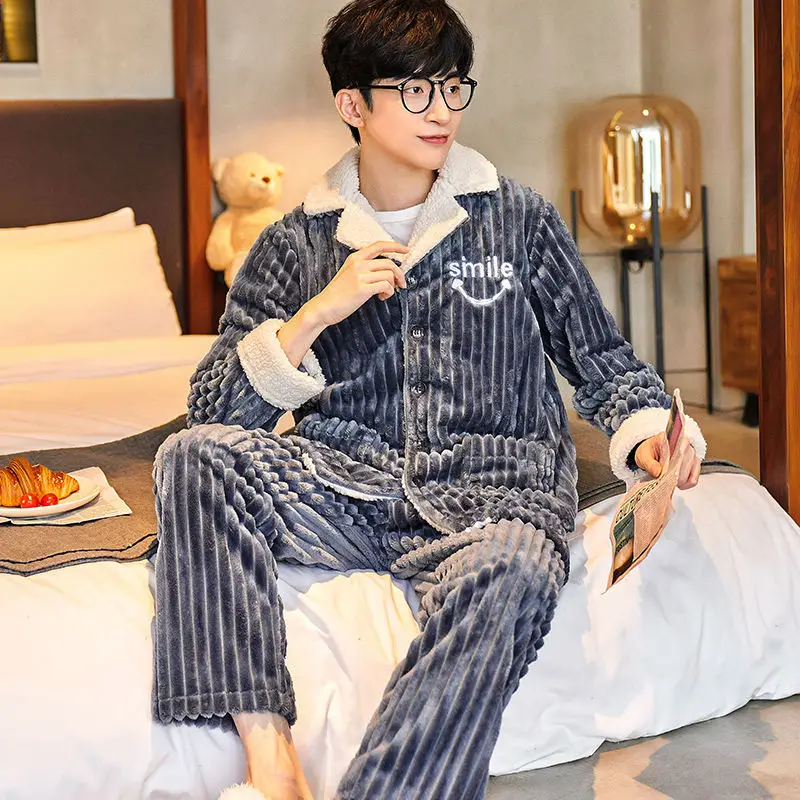 Winter Warm Sleepwear Men's Flannel Thick Pajamas Set Male Thick Pijama Casual Pyjamas Men Coral Fleece Sleepwear Home Clothes mens pajama shorts set