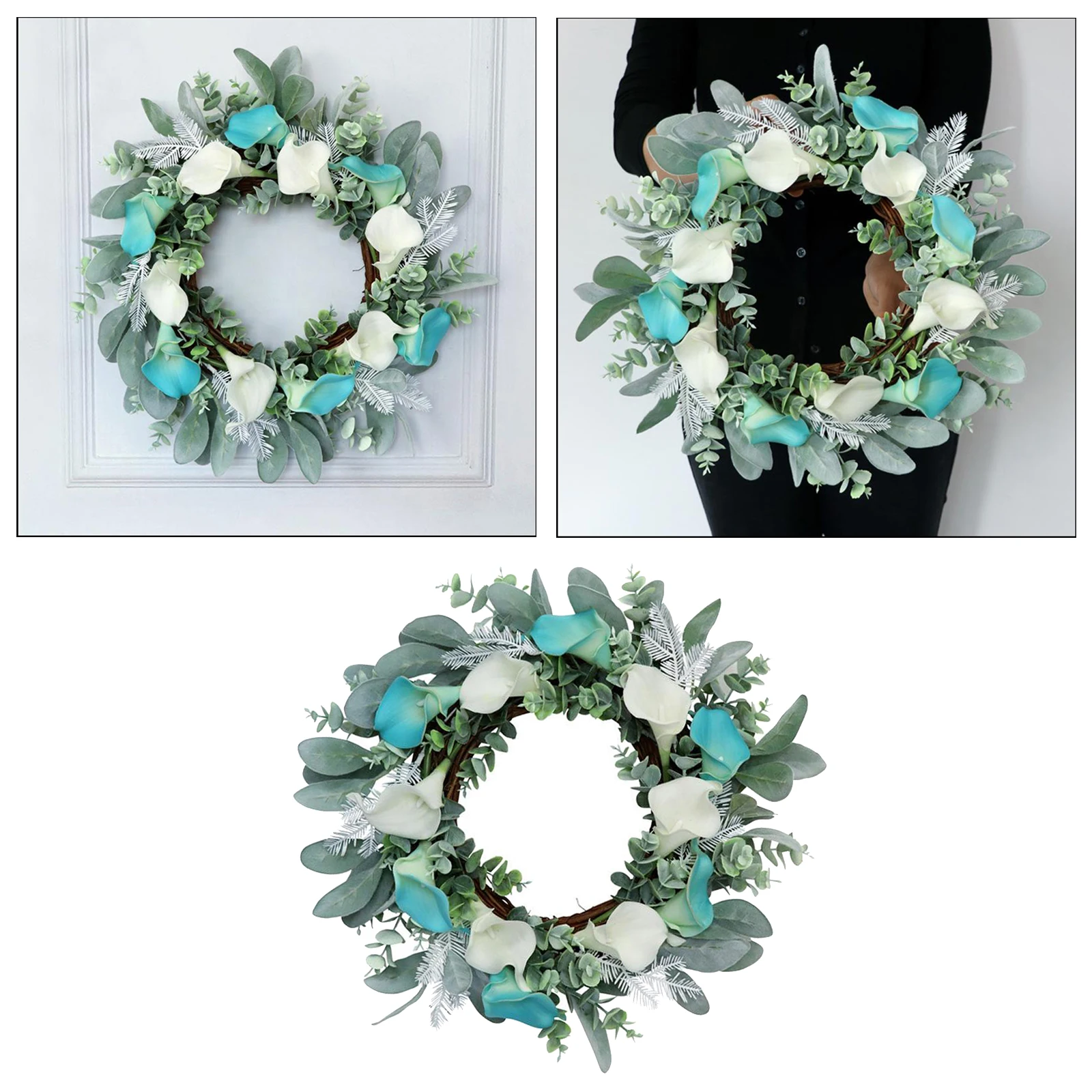 16'' Fall Front Door Wreath Artificial Floral Garland Autumn Foliage Fall Blue Wreath Wall Window Thanksgiving Decor for Indoor