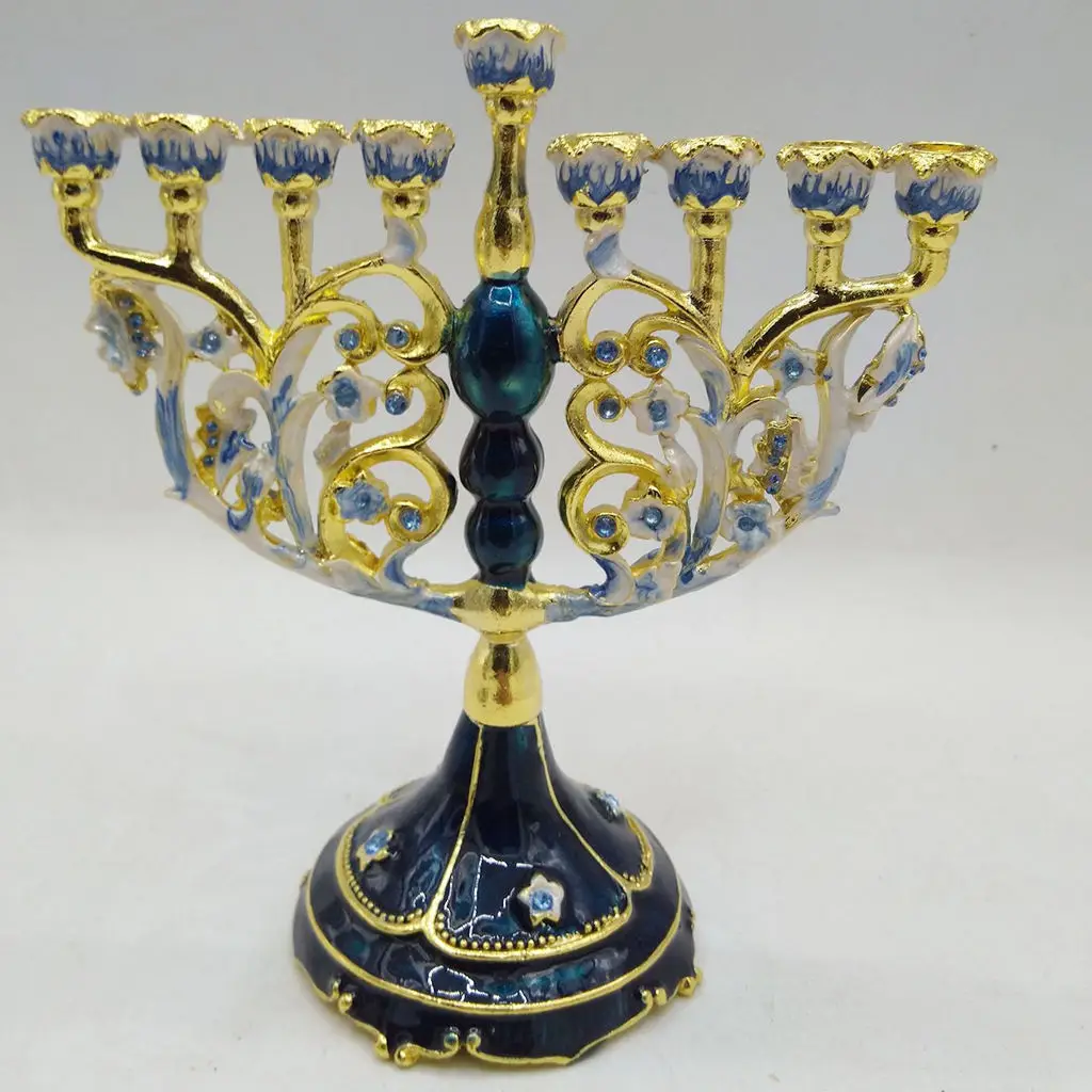 Vintage Menorah Candle Holder Hand Painted Enamel Crystals Judaica Jewish Candelabra for Hanukkah Party Festival Antique Decor