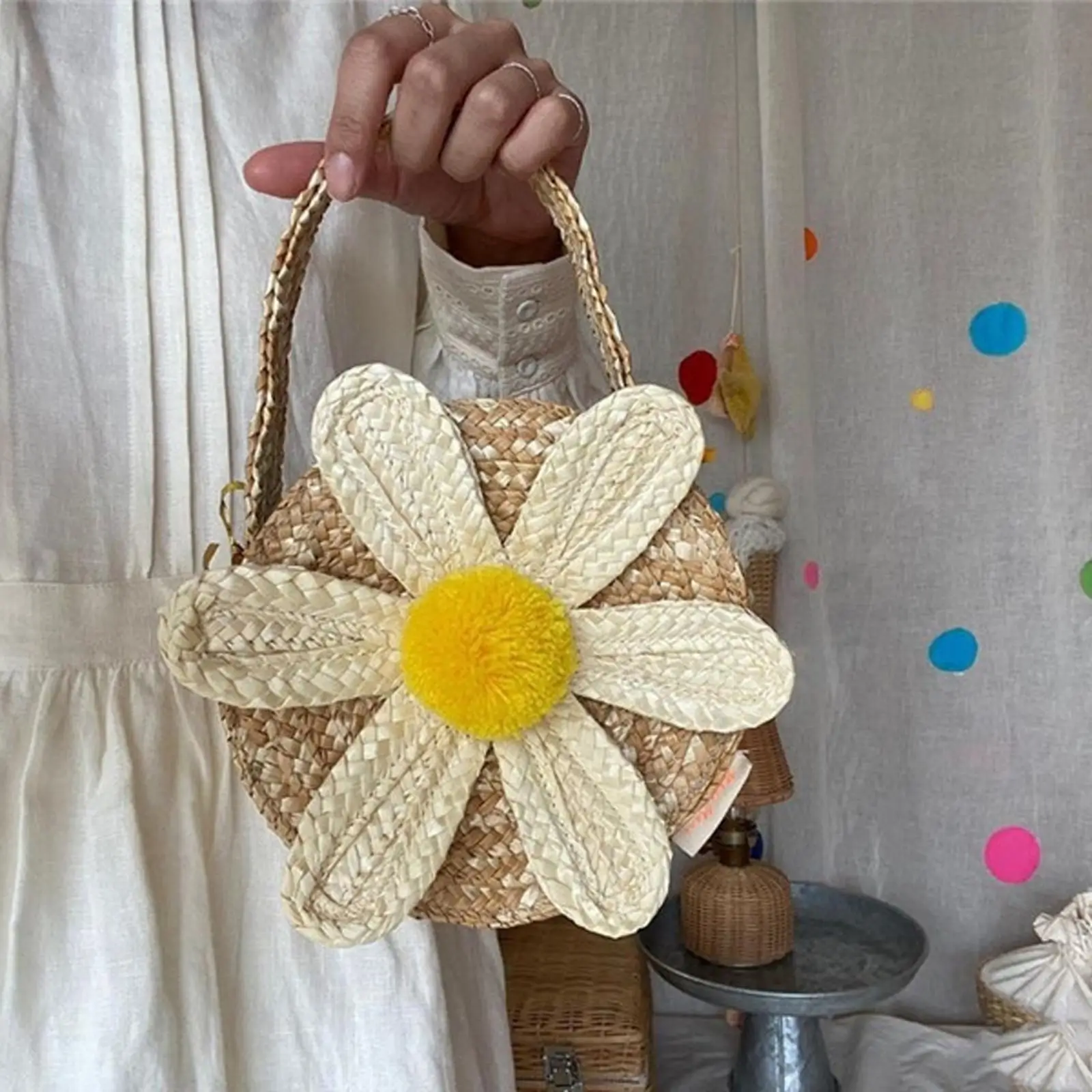 Kids Mini Shoulder Bag Children Straw Purse Weaving Bag Messenger Handbags Girls Summer Beach Flower Rattan Bag