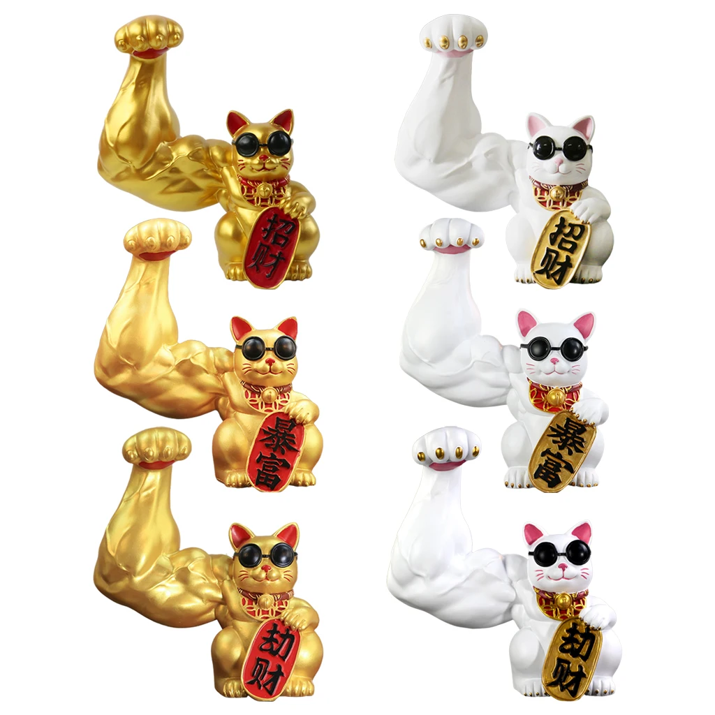 Giant Muscle Arm Lucky Cat Figurines Waving Strong Arm Welcoming Fortune Cat Feng Shui Ornament Door Interior Decoration Gifts
