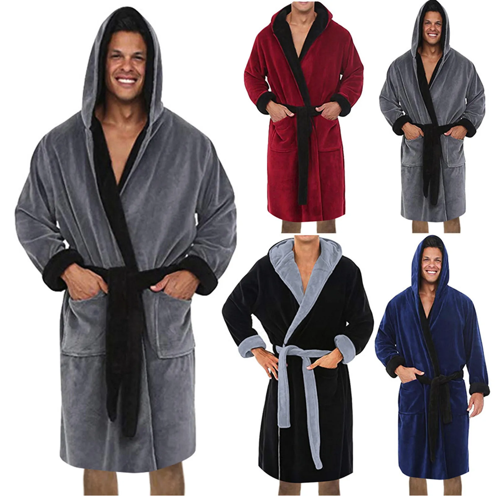 Men's Winter Plush Lengthened Shawl Bathrobe Home Clothes Long Sleeved Robe Coat 