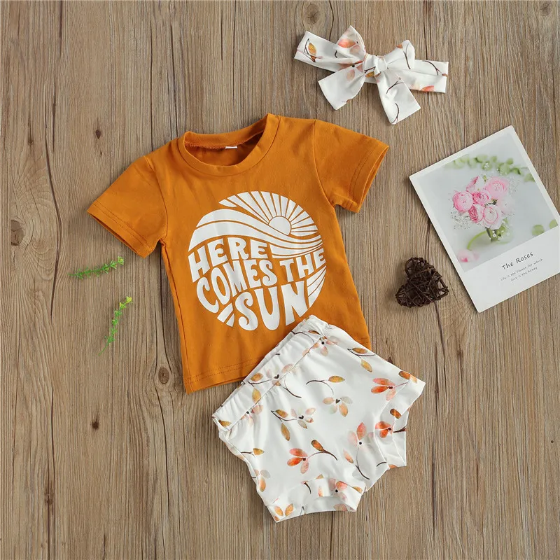 0-24M Baby Boys Girls Summer 3pcs Outfits Sets Short Sleeve Letter Print T-shirts+Floral High Waist Shorts+Headband Soft Outfits Baby Clothing Set classic