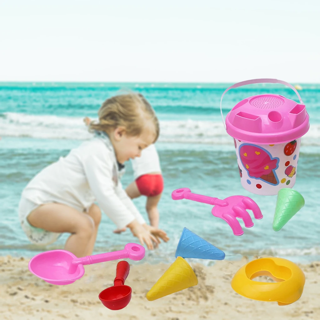 Set of 8pcs Beach Toys Sand Bucket Pail Shovel Ice Cream Moulds for Kids 3-4