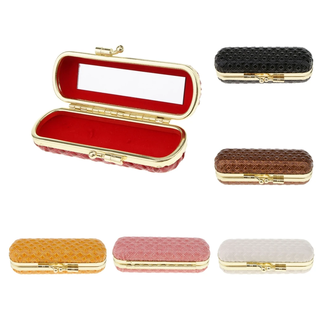 Durable Soft Leather Lipstick Lip Gloss Holder Cosmetic Storage Mirror Case