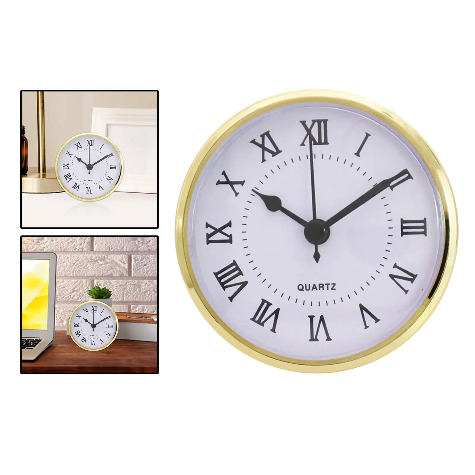 Classic Clock Insert 3.54inch Quartz Movement Roman Number White Face Battery Gold Trim