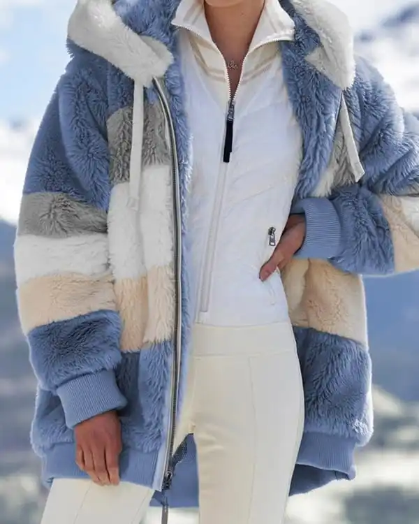 Women Fall Winter Warm Plush Hooded Coat Contrast Color Long Sleeve Zip Up Thick Cardigan Jacket 2021 E-Girls Streetwear Outwear cardigan for women