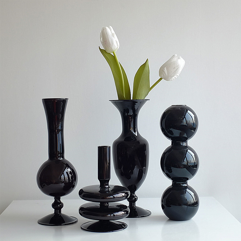 Creative Glass Hydroponic vase black candlestick glass candle stand Nordic Desktop Floral Arrangements Home Decoration Art