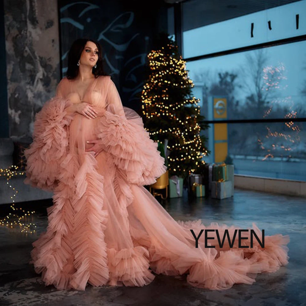 blue ball gown Custom Made Long Sleeve Tulle Robe Maternity Dress 2021 See Through Photography Gown for Pregnant Woman Plus Size YEWEN maternity evening dresses