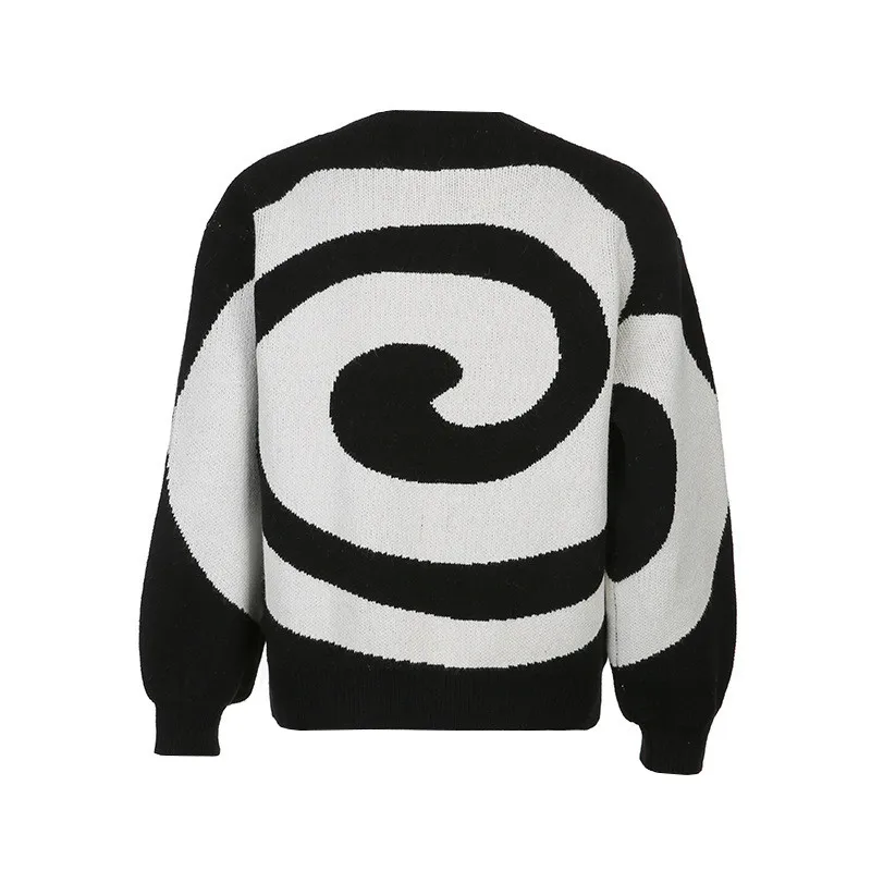 90s Y2k Esthetics Spiral Printed Sweater Autumn Women Casual Long Sleeve O-neck Knitted Pullover Fashion Loose Knitwear ladies cardigans