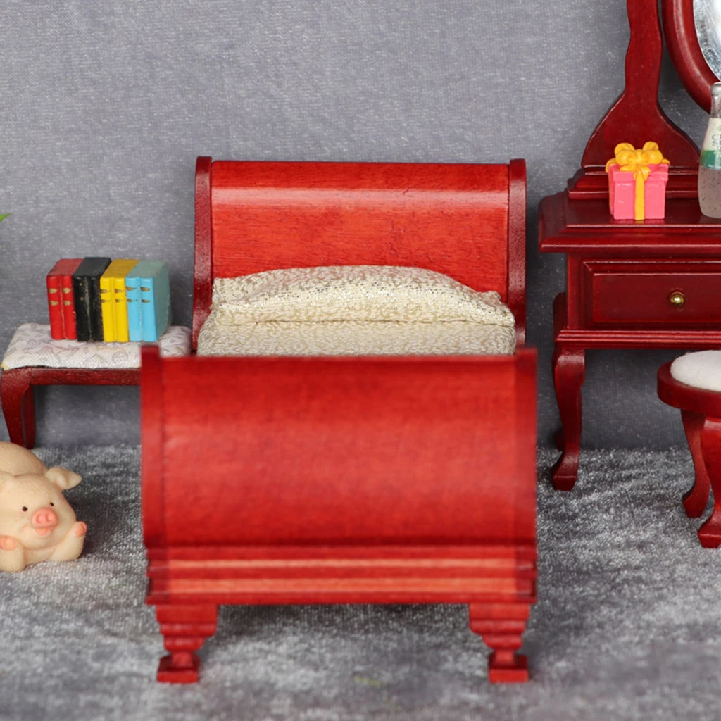 Retro Style 1/12 Dollhouse Single Bed Model Miniature Furniture Toys for Kids for Mini Living Room Decor Accessories
